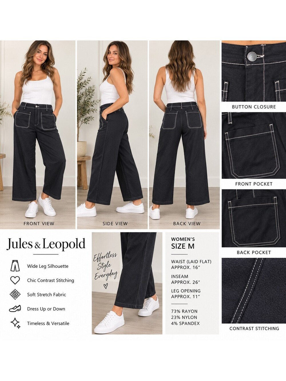 Jules & Leopold Pants M Black Contrast Stitch Wide Leg Stretch